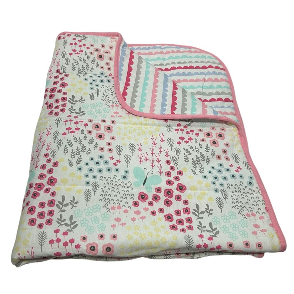 Parents Choice Walmart Pink Floral Flower Scallop Stripe Double Sided Blanket